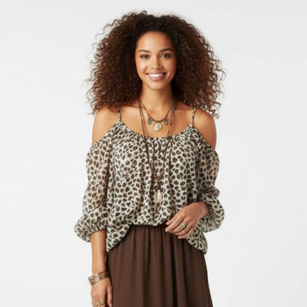 Charlie Jade 100% Silk Tan Brown Animal Print belted Cold Shoulder Blouse Top S